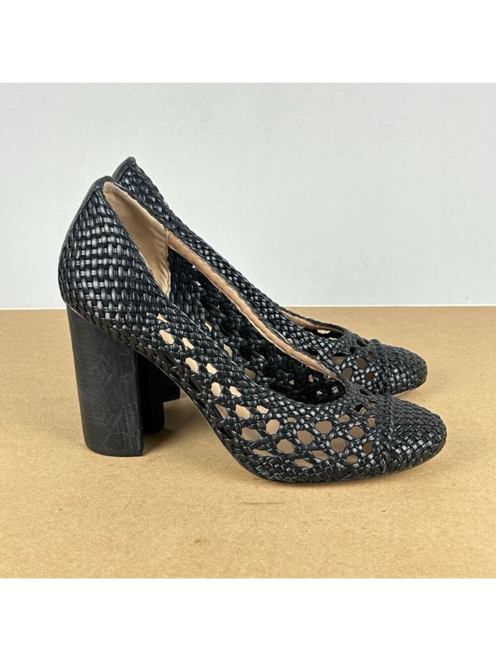 Tory Burch Grove Woven 100mm Pumps Womens 9.5 Black Leather Horseshoe Heel - Picture 3 of 10